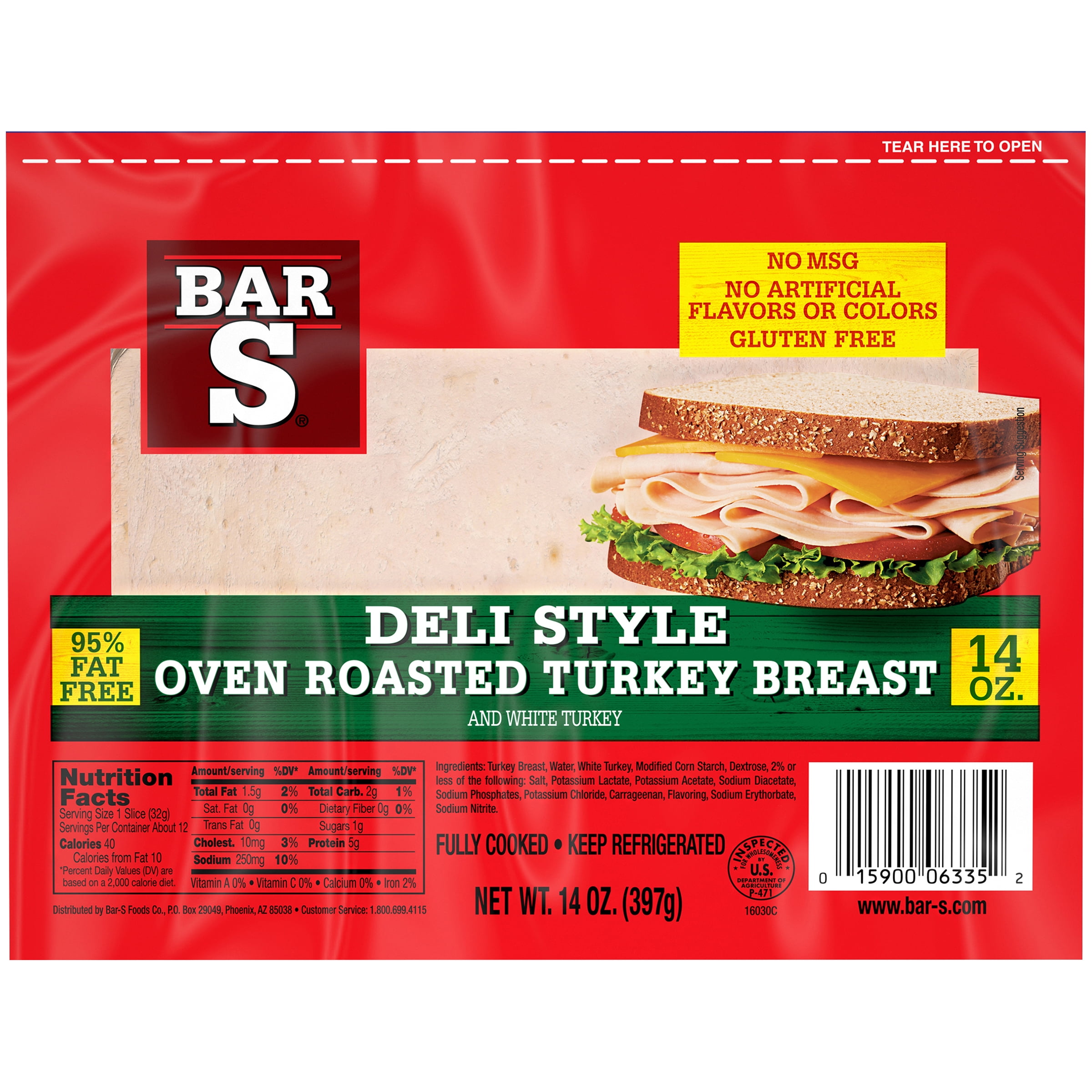 BarS Deli Style Oven Roasted Turkey Breast Lunch Meat, 14 oz