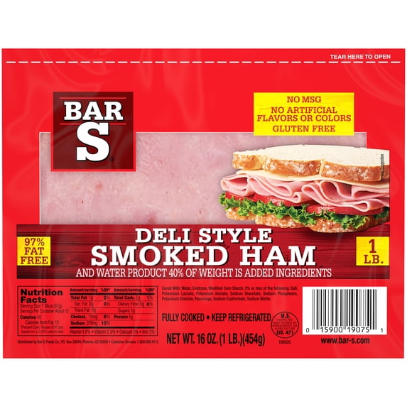Bar-S Deli Style Smoked Ham Sliced Lunch Meat, 1lb
