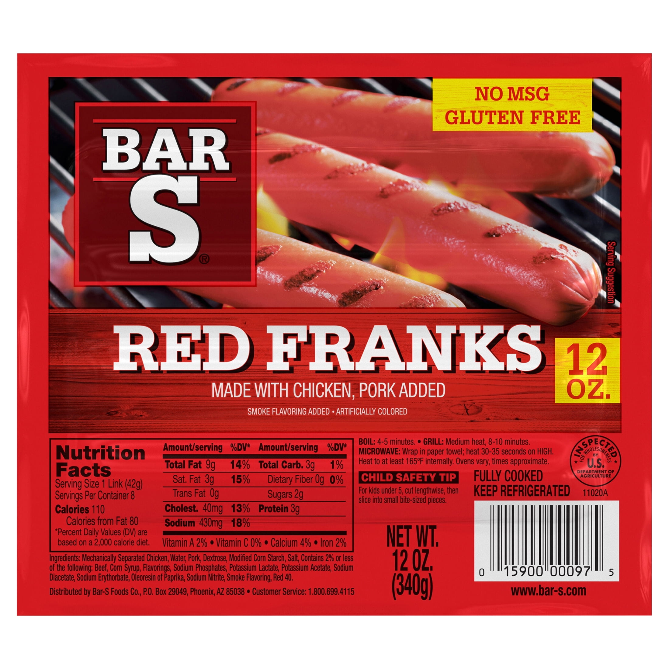Bar S, Red Franks, Refrigerated 12 oz, 8 Count Plastic Wrapper