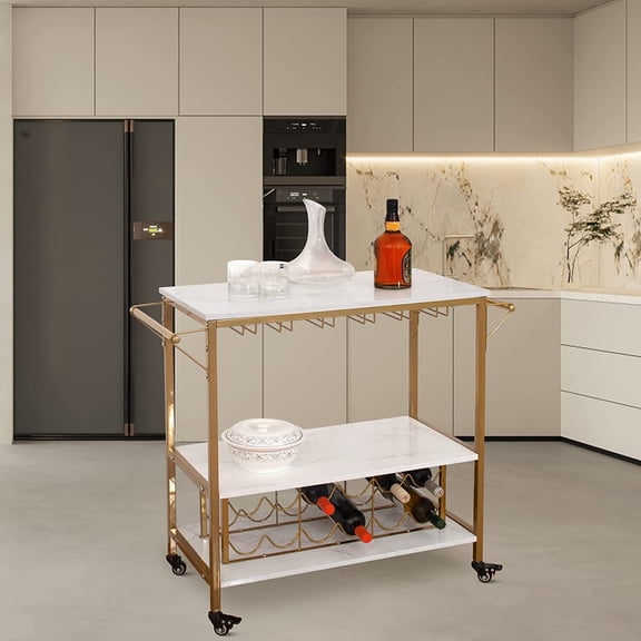 Bar Serving Cart Bottle Storage and Wine Glass Rack-Faux Marble and Gold