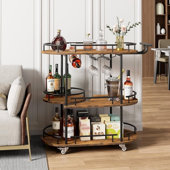 Bar Serving Cart with 3-Tier Storage Shelves, Mobile Bar Seving Carts on Wheels with Wine Rack, Glass Holder, Black and Brown