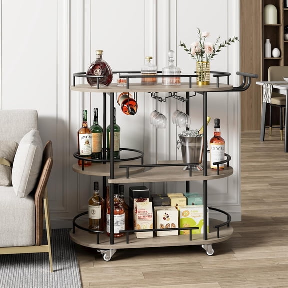 Bar Serving Cart with 3-Tier Storage Shelves, Mobile Bar Seving Carts on Wheels with Wine Rack, Glass Holder, Black and Gray