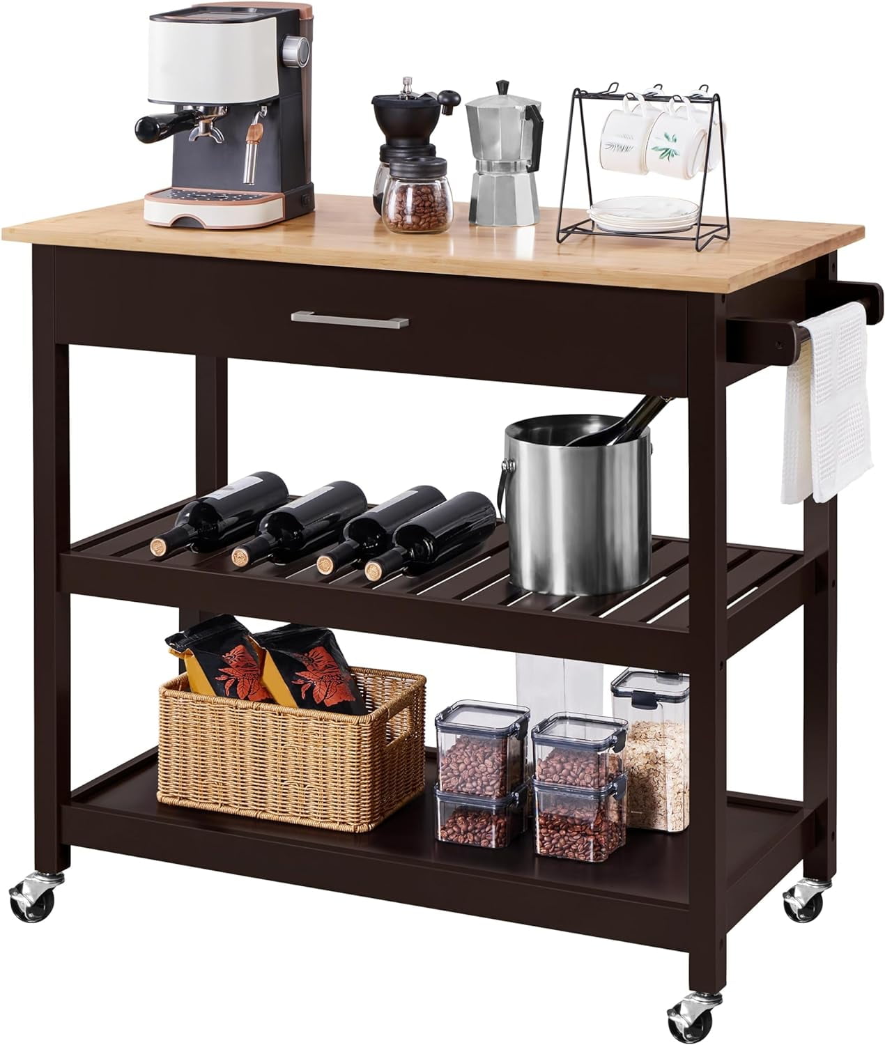Bar & Serving Utility Carts on Wheel with Storage & Drawer and Shelf