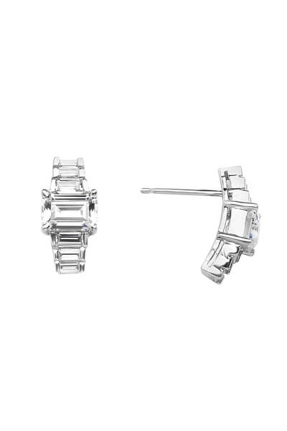 Bar Set Designer Earrings with Emerald Cut Baguettes and Diamonds by Diamond Essence set in 14K White Gold