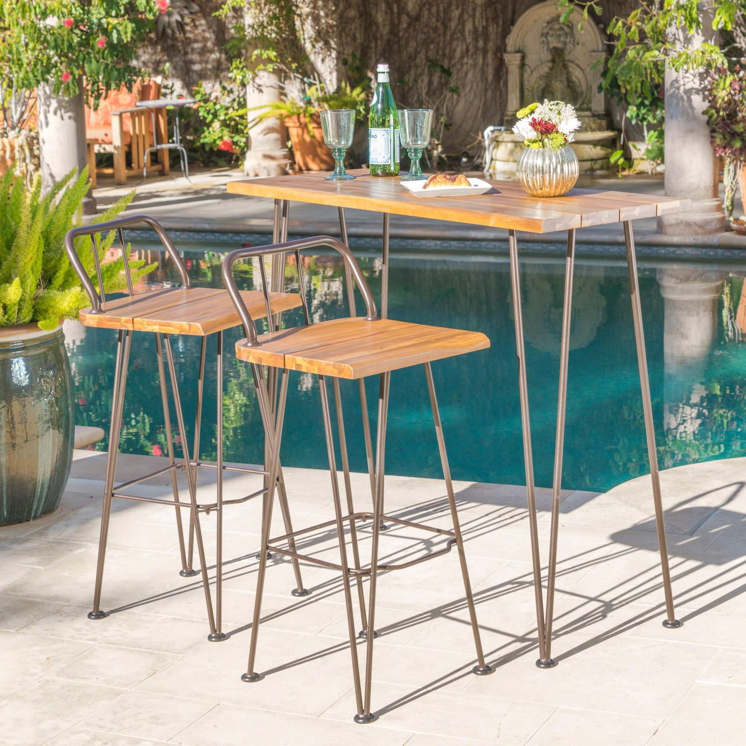 Bar Set, Outdoor Dining Set, Acacia Wood Furniture&nbsp;Industrial Table and 2 Bar Stools, Metal Frame, Teak Finish, Brown, 47.25 Inch, All-Weather Hardwood, Easy Assembly