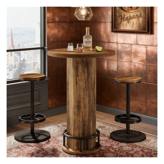 Bar Set with Stools - 3 Piece Round Pub Table Set, Cocktail Table with 2 Chairs, Small Home Bar Table for Kitchen, Cafe, Dining Area, Modern Farmhouse Style