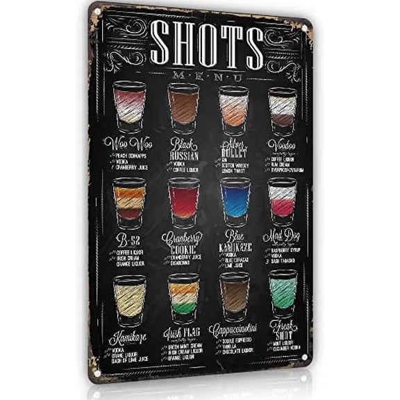 Bar Shots Menu Metal Sign - Vintage Sign for Home Bar, Man Cave, Basement, Kitchen, Cafe, Pub, Restaurant Wall Decor, 8 x12 inch