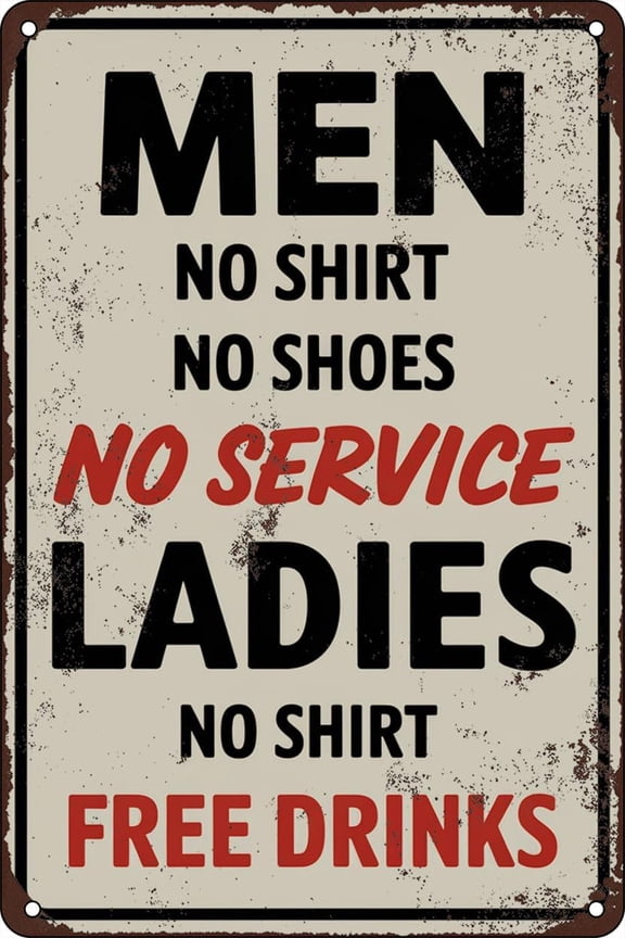 Bar Signs Vintage Men No Shirt No Shoes No Service Ladies No Shirt Free Drinks Beer Signs Funny Wall Decor Pub Diner Cafe Home Bar Decor 12 x 8 In