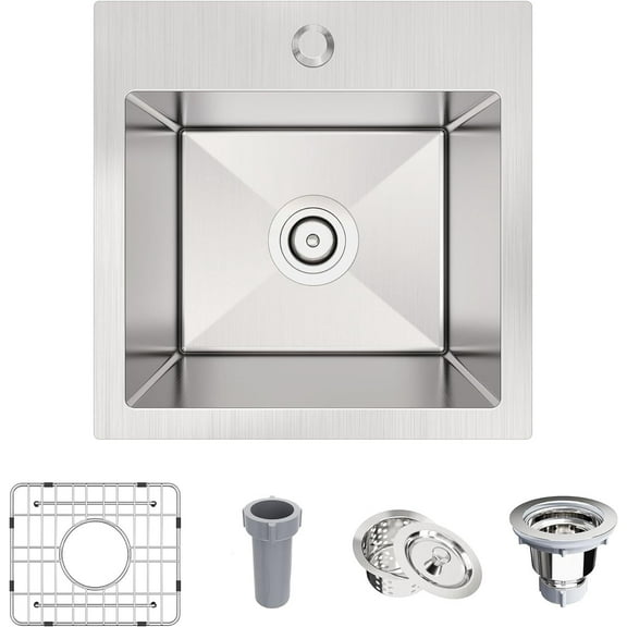 Bar Sink,15 x 15 inch Drop-in Kitchen Sink,Small Kitchen Sink for RV,18 Gauge Stainless Steel Topmount Bar Sink with Strain & Bottom Grid