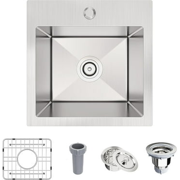 Bar Sink,15 x 15 inch Drop-in Kitchen Sink,Small Kitchen Sink for RV,18 Gauge Stainless Steel Topmount Bar Sink with Strain & Bottom Grid