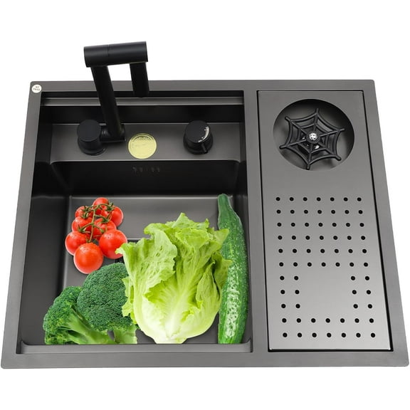 Bar Sink, Black Stainless Steel Kitchen Sink with Cup Washer, Kitchen Countertop Sink w/ 360 Rotatable Faucet, 21.6"L x 17.7"W x 8.7"H Drop In Sink Concealed for Center Island, Apartment