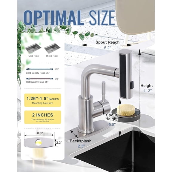 Bar Sink Faucet Single Hole, 3 Water Modes Wet Bar Faucets with Pull Out Sprayer, Prep Sink Faucet 360 Swivel for Small Kitchen Bathroom Faucets with cUPC Supply Lines, Brushed Nickel