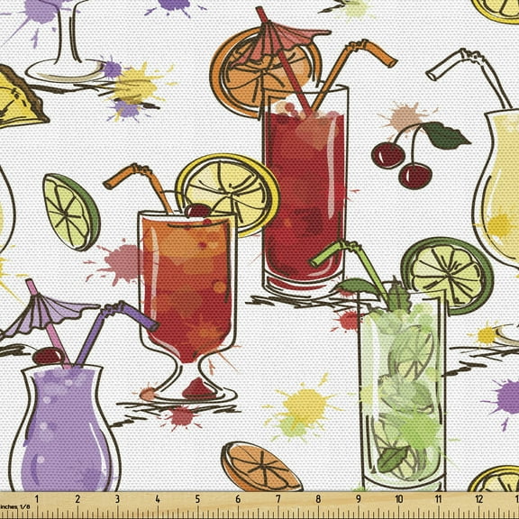 Ambesonne Bar Fabric by the Yard Upholstery, Colorful Watercolor Cocktails, 1 Yard, Multicolor