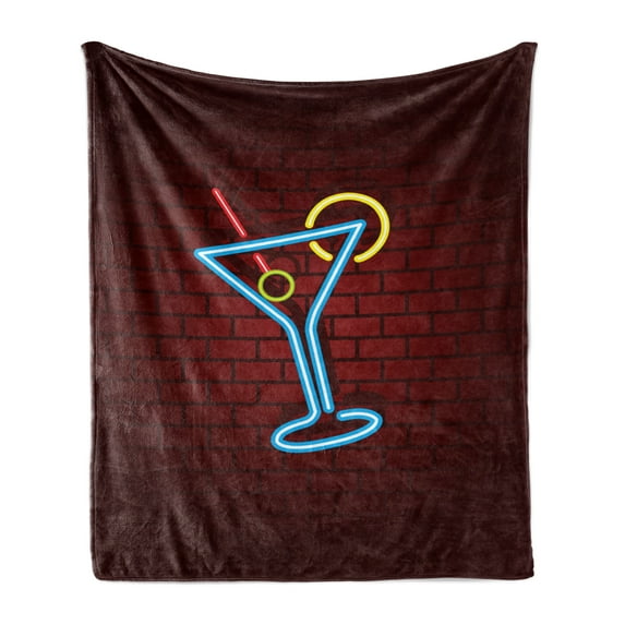Bar Soft Flannel Fleece Throw Blanket, Cocktail Glass on a Brick Wall Pub Urban Night out Nightclub, Cozy Plush for Indoor and Outdoor Use, 70" x 90", Burgundy Azure Blue, by Ambesonne