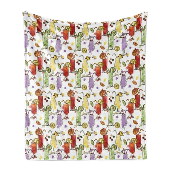 Bar Soft Flannel Fleece Throw Blanket, Watercolor Style Cocktails Summer Party Drinks Fresh Lime and Cherry Lemon Flavor, Cozy Plush for Indoor and Outdoor Use, 50" x 70", Multicolor, by Ambesonne