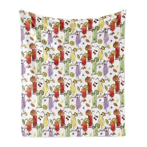 Bar Soft Flannel Fleece Throw Blanket, Watercolor Style Cocktails Summer Party Drinks Fresh Lime and Cherry Lemon Flavor, Cozy Plush for Indoor and Outdoor Use, 70" x 90", Multicolor, by Ambesonne