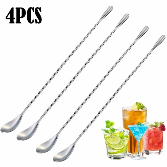 Bar Spoon Cocktail Mixing Stirrers for Drink, Stainless Steel 12 Inches Long Handle, Silver 4 Pieces