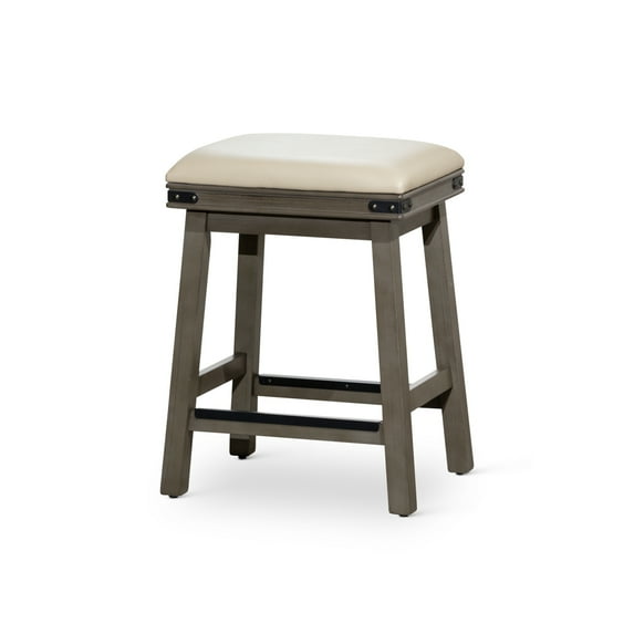 Bar Stool, 24" Counter Height Bar Stool with Upholstered Leather Seat and Metal Footrest, Backless Saddle Stool Farmhouse Chair for Bar Kitchen Island, Support 250 LBS, Weathered Gray+French Gray