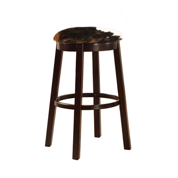 Bar Stool 24" Tall Wood Dark Brown Espresso Kitchen Game Room Swivel Seat Stool Featuring an Authentic Cowhide Covered Seat Cushion-Dark Brown and White