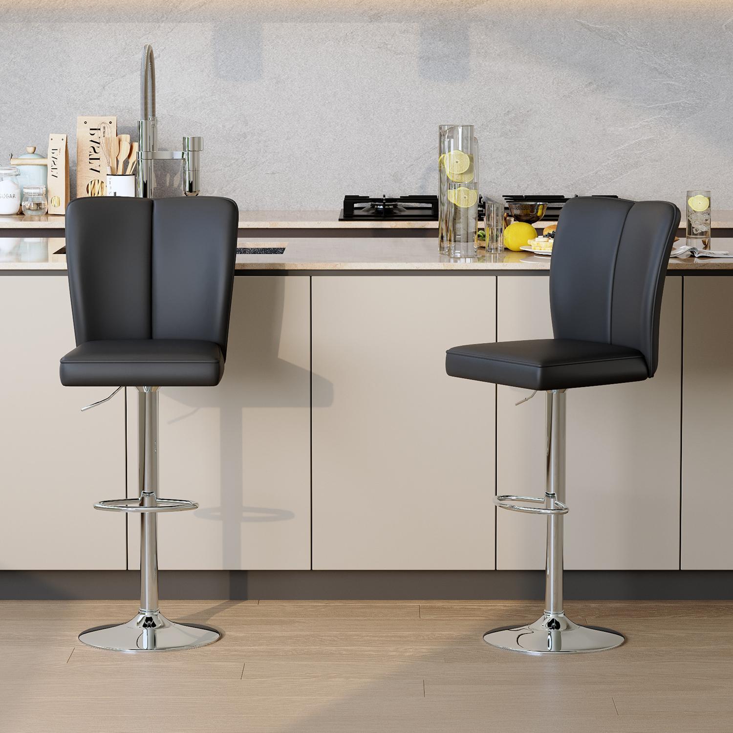 Bar Stool, Adjustable Bar Stool, Swivel Bar Stool&nbsp;Set of 2 with PU Leather Seat and Silver Metal Legs for Kitchen Counter, Home Bar or Cafe, Black and Silver