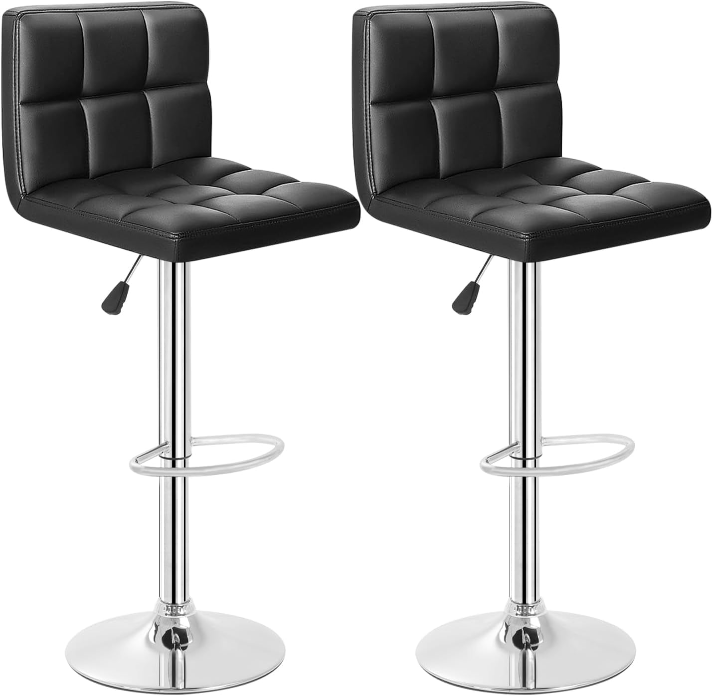 Adjustable Black Leather Swivel Bar Stools with Chrome Base, Set of 2
