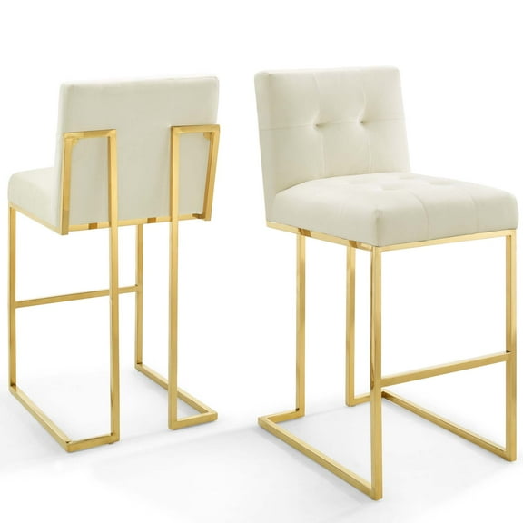 Bar Stool Chair Barstool, Set of 2, Velvet, Metal Steel, Gold Ivory White, Modern Contemporary Urban Design, Bar Pub Cafe Bistro Hotel Restaurant Hospitality