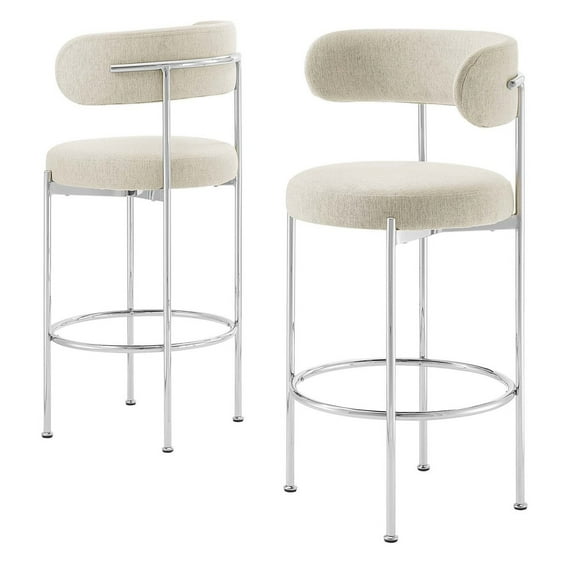 Bar Stool Chair Barstool, Set of 2, Beige, Fabric, Metal, Pub Cafe Bistro Dining Kitchen Hospitality Restaurant, Modern Contemporary HB35922