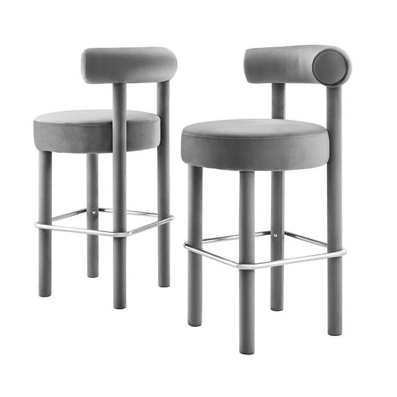 Bar Stool Chair Barstool, Set of 2, Grey Gray, Velvet, Pub Cafe Bistro Dining Kitchen Hospitality Restaurant, Modern Contemporary Boutique HB36137