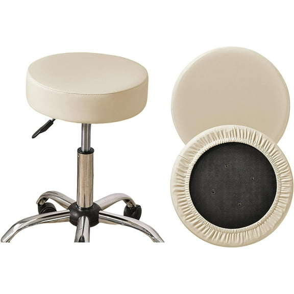 Bar Stool Cover Waterproof Round Seat Cushion Cover Stretch Barstool Slipcovers Set of 2 PU Leather Bar Chair Covers Beige