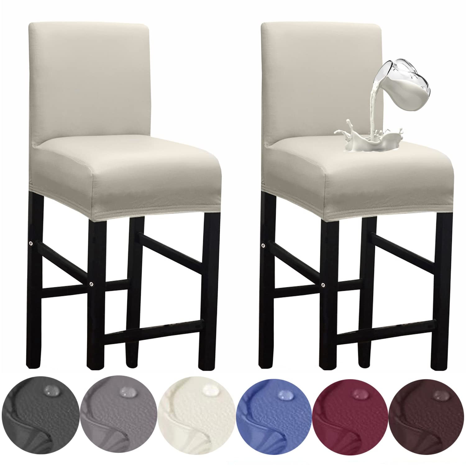 Bar Stool Covers 4 Pack, Stretch Waterproof PU Slipcovers with Back ...