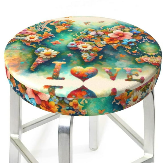 Bar Stool Covers Round, Colorful World Map Bar Stool Cushion Covers Seat Cushion with Elastic Bands, Chairs Covers for Kitchen Dining Room 12-14 Inch