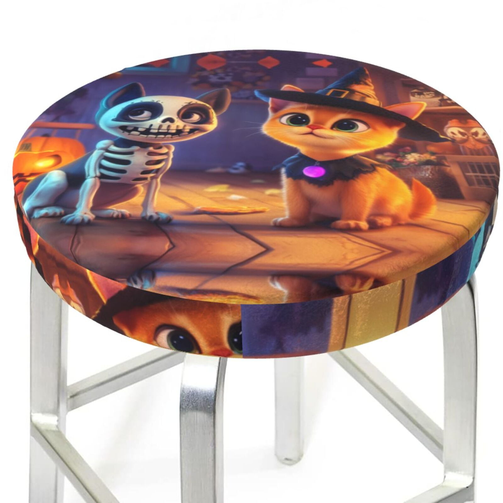 Bar Stool Covers Round Halloween Cat and Dog Skeleton AntiSlip Soft