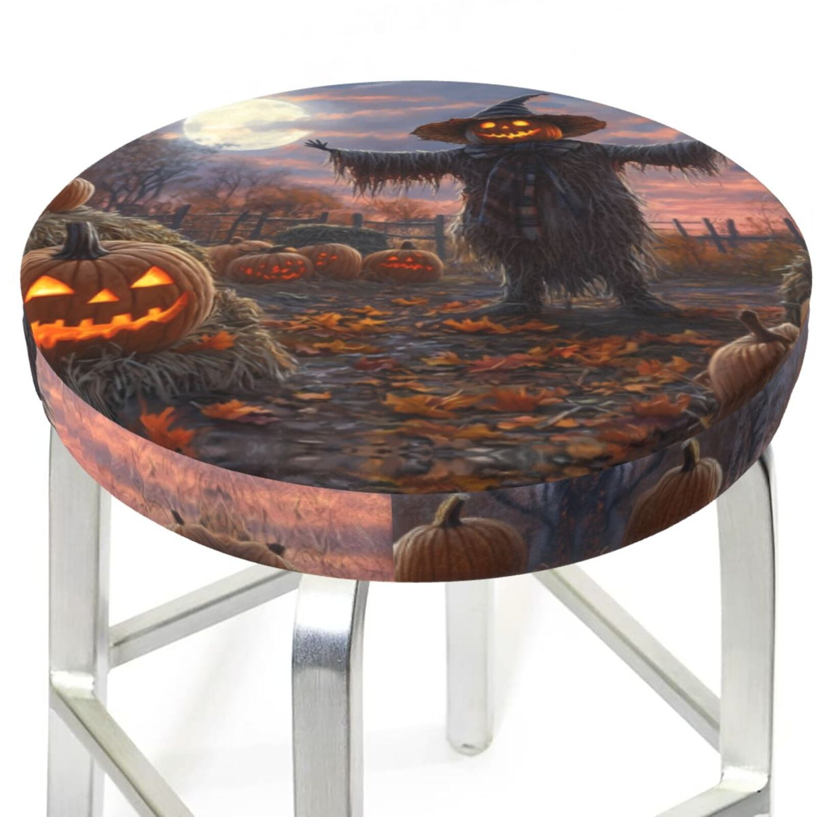 Bar Stool Covers Round, Halloween Pumpkin Scarecrow Funny Bar Stool