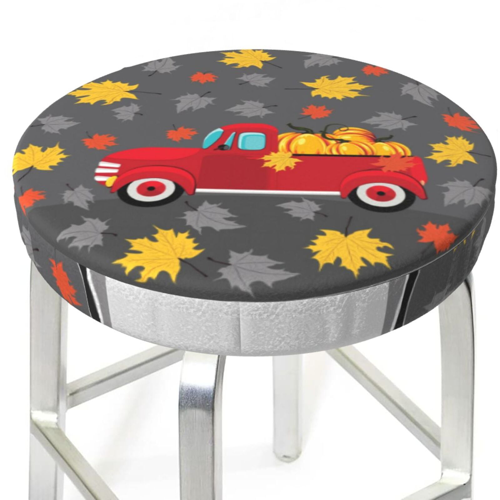 Bar Stool Covers Round, Red Pickup Truck With Pumpkins Funny Bar Stool