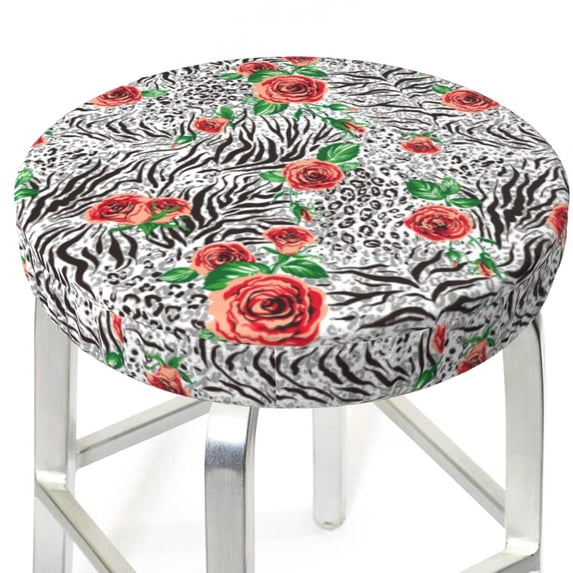 Bar Stool Covers Round, Roses Mixed Zebra 1 Bar Stool Cushion Covers Seat Cushion with Elastic Bands, Chairs Covers for Kitchen Dining Room 12-14 Inch