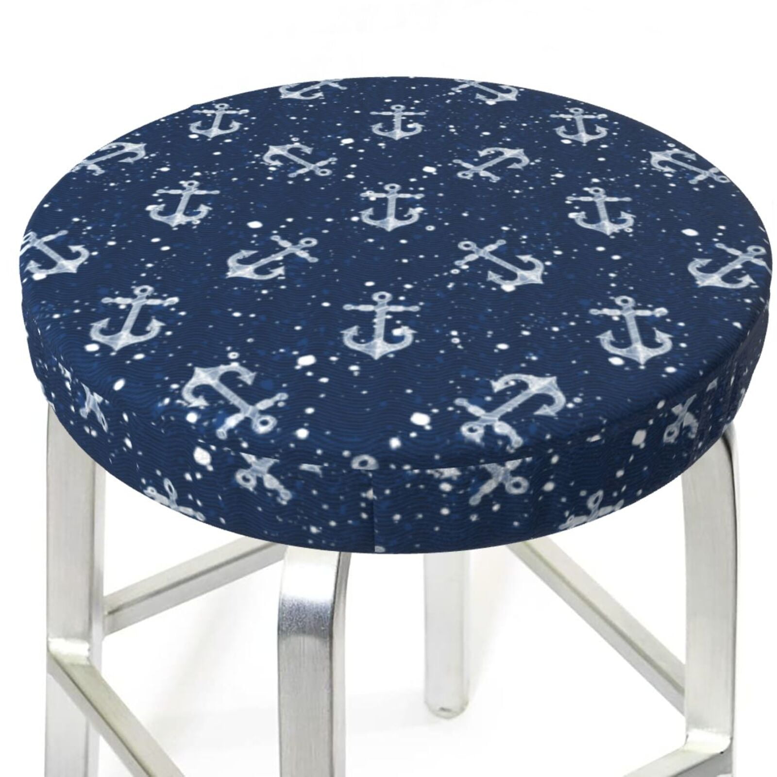 Bar Stool Covers Round anchors waves navyblue AntiSlip Soft Round