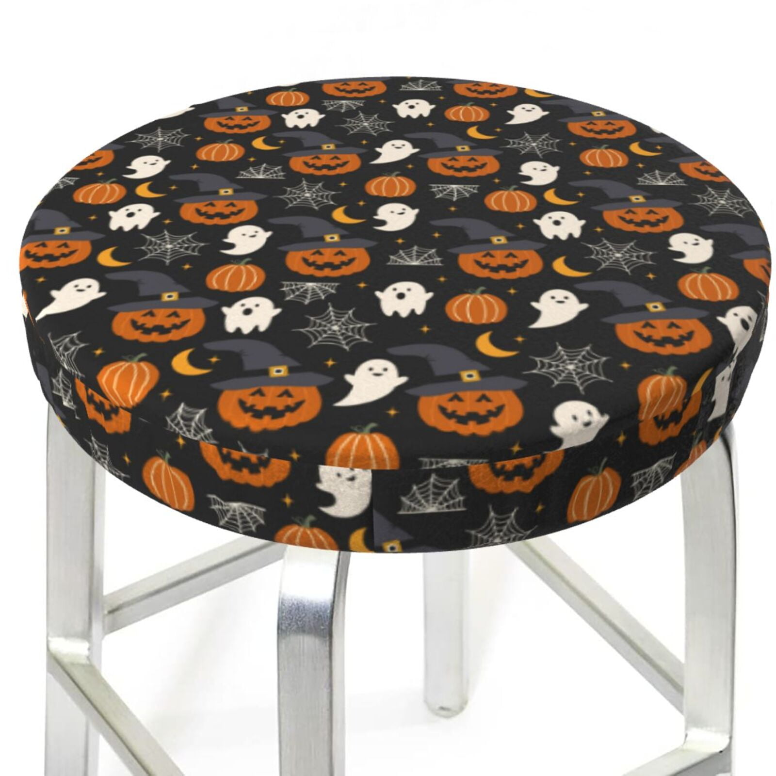 Bar Stool Covers Round, halloween pumpkin spider web Washable Round