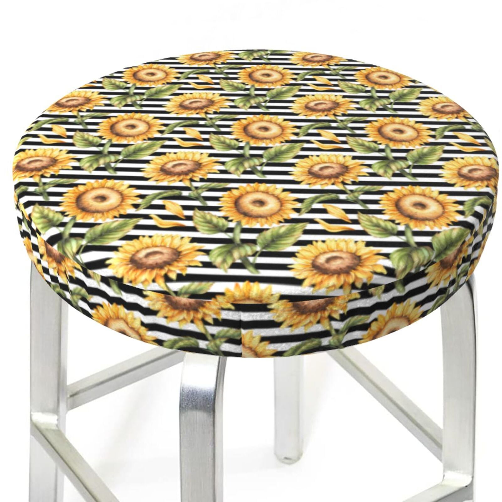 Bar Stool Covers Round sunflowers striped black white Retro AntiSlip