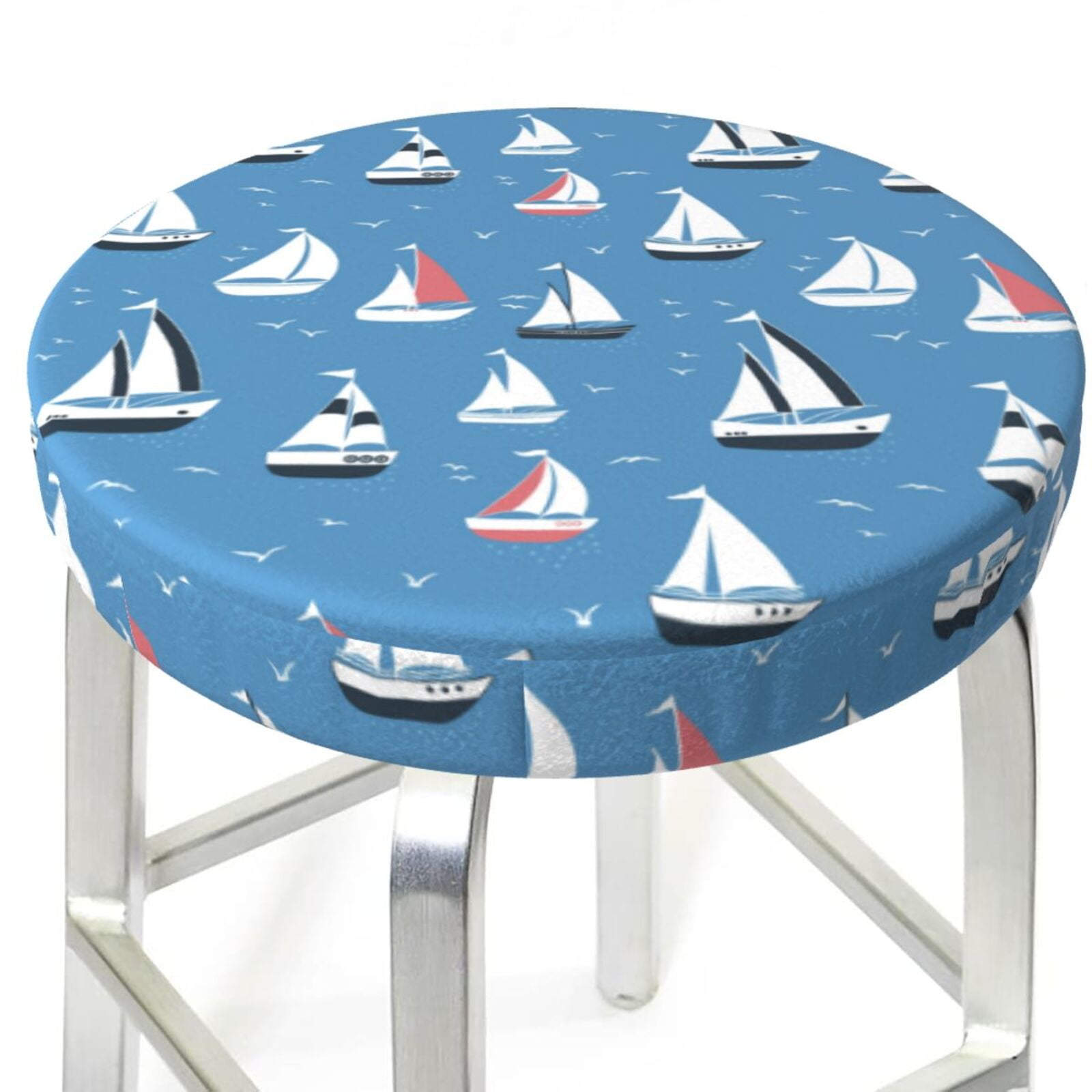 Bar Stool Covers - cartoon boats birds blue Stretch Round Seat Covers ...