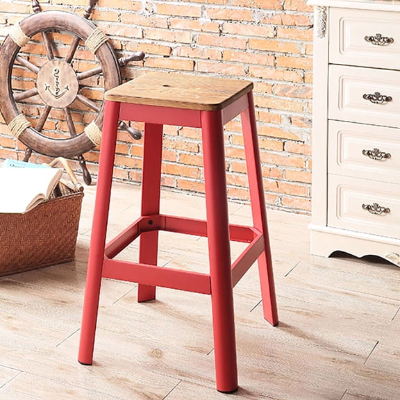 Bar Stool In Natural And Brilliant Red With Metal Supports For Bedroom Rustic Wood Leg Crossbar
