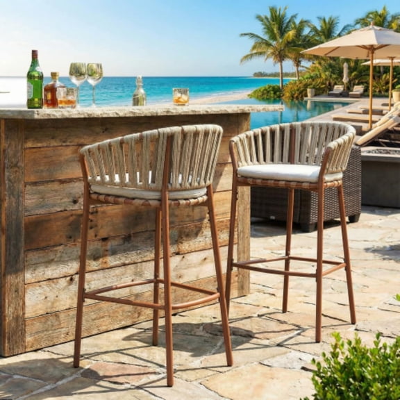 Bar Stool, Outdoor Stool, Set of 2 Metal Rope Stools with Teak Finish Frame and Beige Cushion for Patio or Bar, 39.25" Height