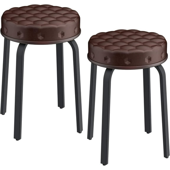 Bar Stool Set of 2, 18.5 Inch Backless Round Faux Leather Stool with Metal Legs, Modern Stackable Upholstered Seated Short Bar Stools Chairs for Dining Room, Kitchen, Party, Brown