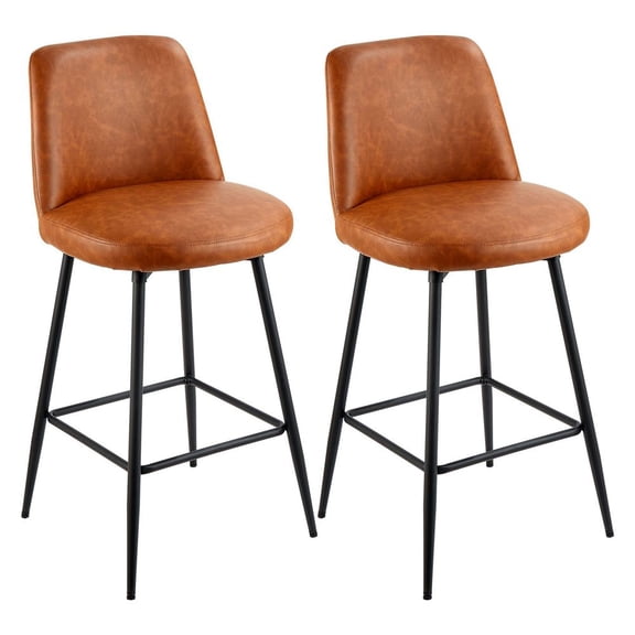 Bar Stool Set of 2, 27 inch Counter Height Swivel Stools, Modern PU Leather Counter Barstool with Backrest and Metal Legs, Armless Bar Chair, Island Barstool for Kitchen, Dining Room, Brown