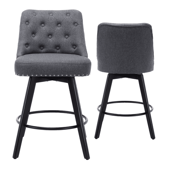 Bar Stool Set of 2, 360° Swivel Bar Stool, Linen Upholstered Counter Height Stool with Button Tufted Back, Footrest, Wooden Bar Chair Set for Kitchen, Cafe, Island
