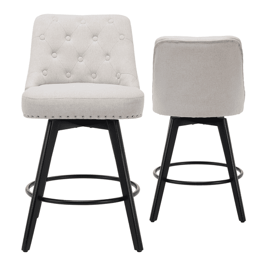Bar Stool Set of 2, 360° Swivel Bar Stool, Linen Upholstered Counter Height Stool with Button Tufted Back, Footrest, Wooden Bar Chair Set for Kitchen, Cafe, Island