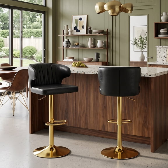 Bar Stool Set of 2, Adjustable Height Swivel Bar Chair with PU Leather High Backrest and 17.7in Chrome Base, 300lbs Capacity for Kitchen Counter and Dining Room, Black and Gold