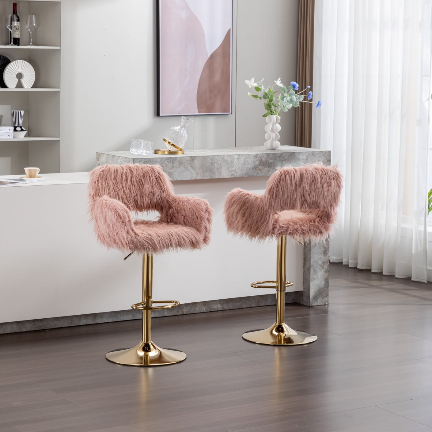 Bar Stool Set of 2, Faux Fur Bar Stool With HollowedOut Braces