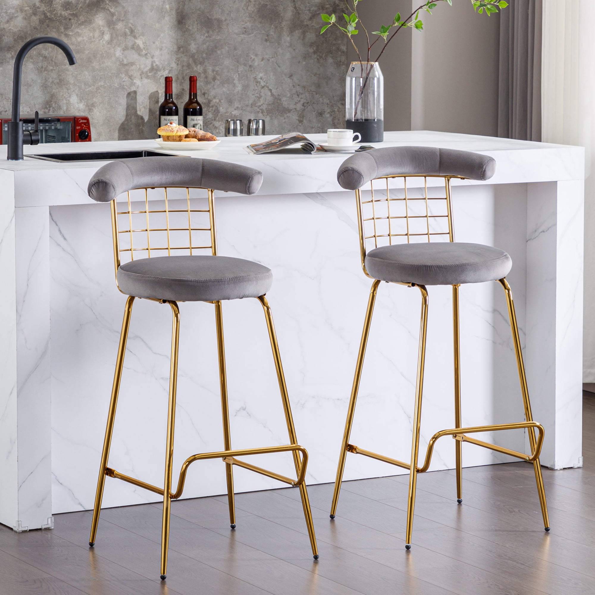 Bar Stools Set of 2 Velvet Upholstered Counter Height Bar Stools with Network Back Dining Chairs with Heavy Duty Metal Legs and Footrests for Kitchen Island Dining Room Bar 2 Gray Walmart