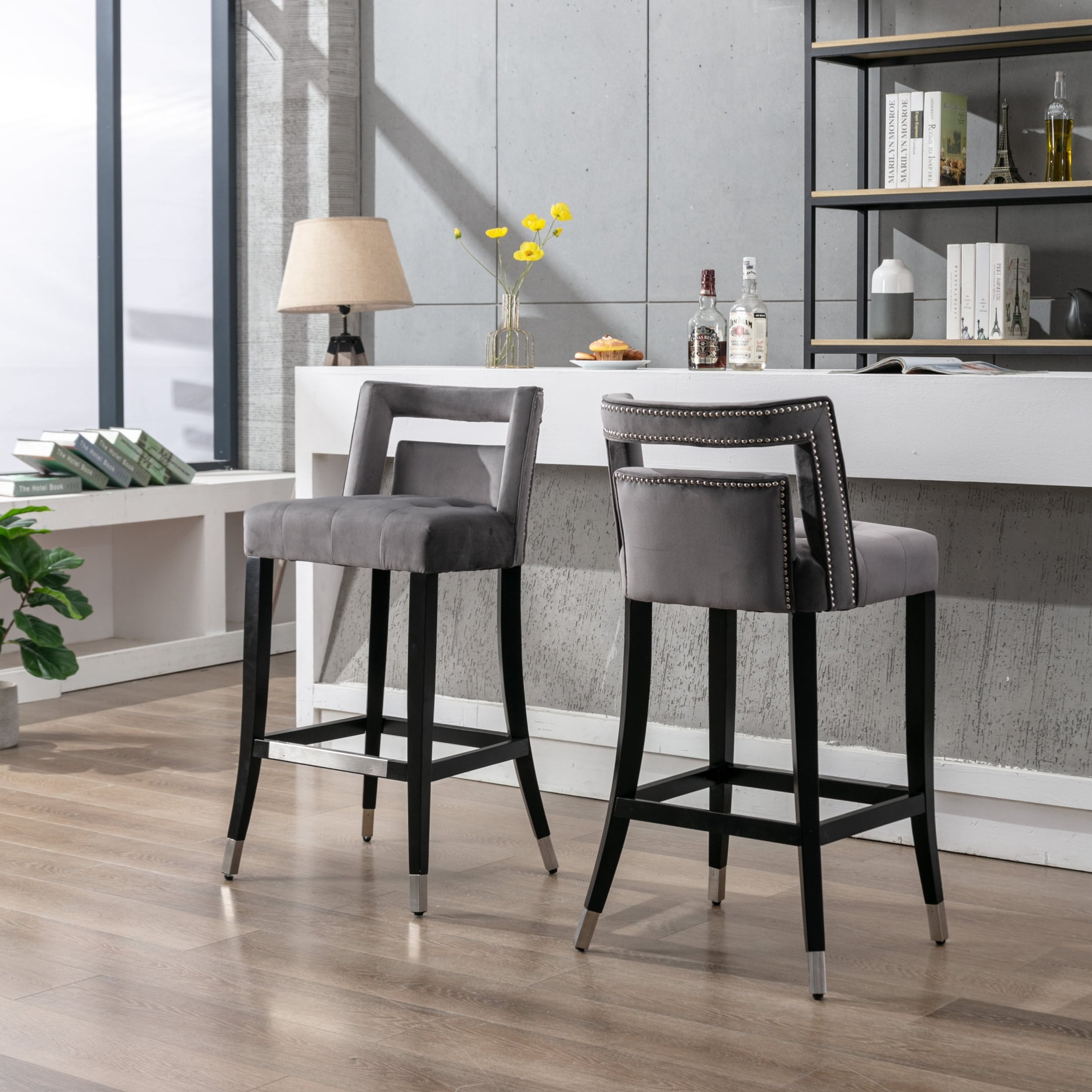 Bar Stool Set of 2, Modern Velvet Upholstered Counter Height Bar Chairs ...