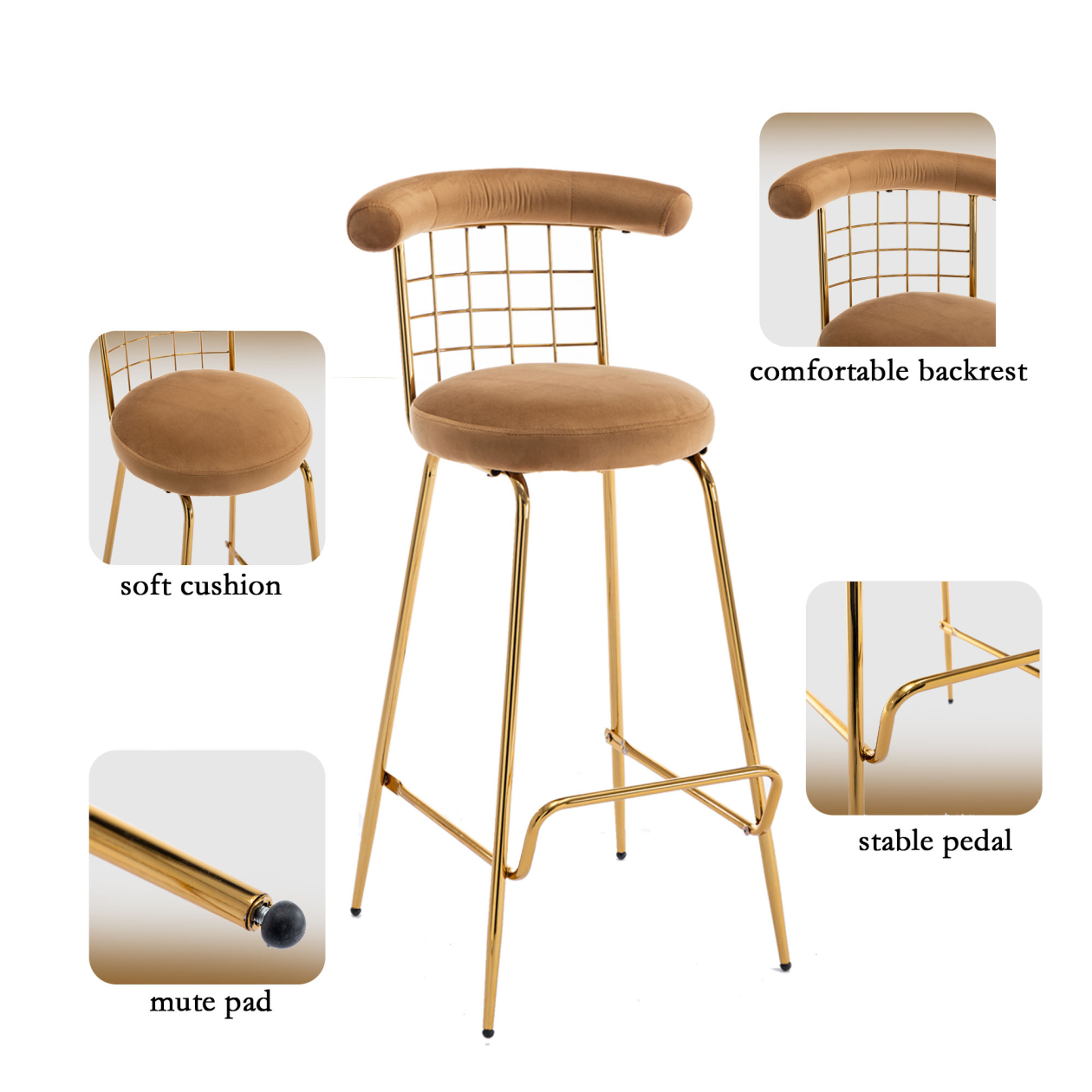 Bar Stool Set of 2, Velvet Counter Height Chair with Golden Metal Legs